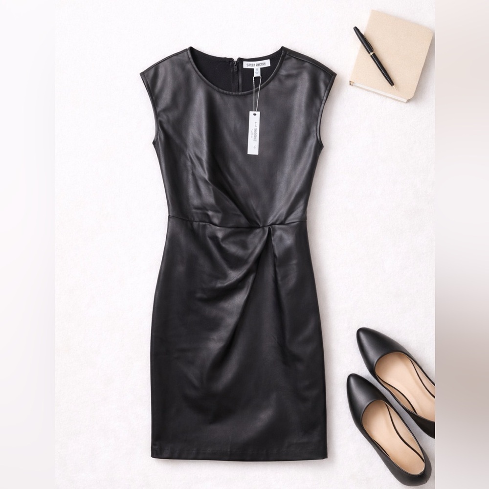 Steve Madden Faux Leather Black Side Twist Dress Cap Sleeve Size 10 NWT